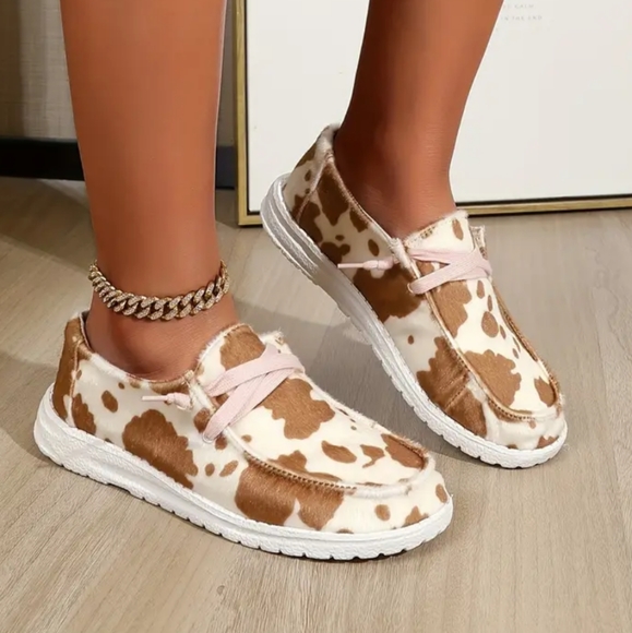 Sold by Halfpint's Boutique Shoes - Women's cowprint Flats Shoes, Round Toe Low Top Slip On Sneakers, Wester…